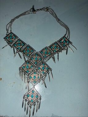 Silver-Tone Turquoise Statement Bib Necklace - Boho Glam